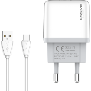 Xssive Duo USB Charger+Cable USB-C 2.1A-Hvid